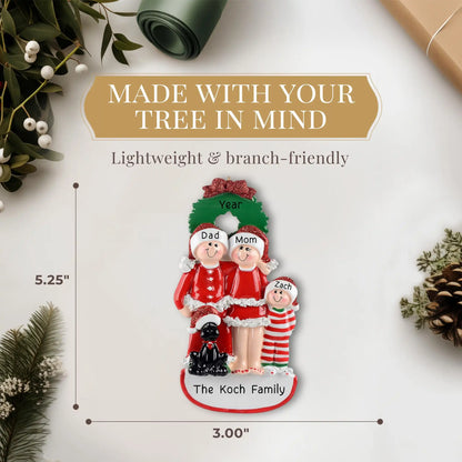 Adorno navideño de familia de 3 con perro negro