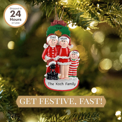 Adorno navideño de familia de 3 con perro negro