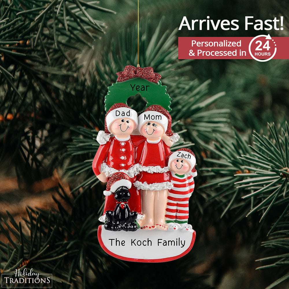 Family of 3 with Black Dog Christmas Ornament