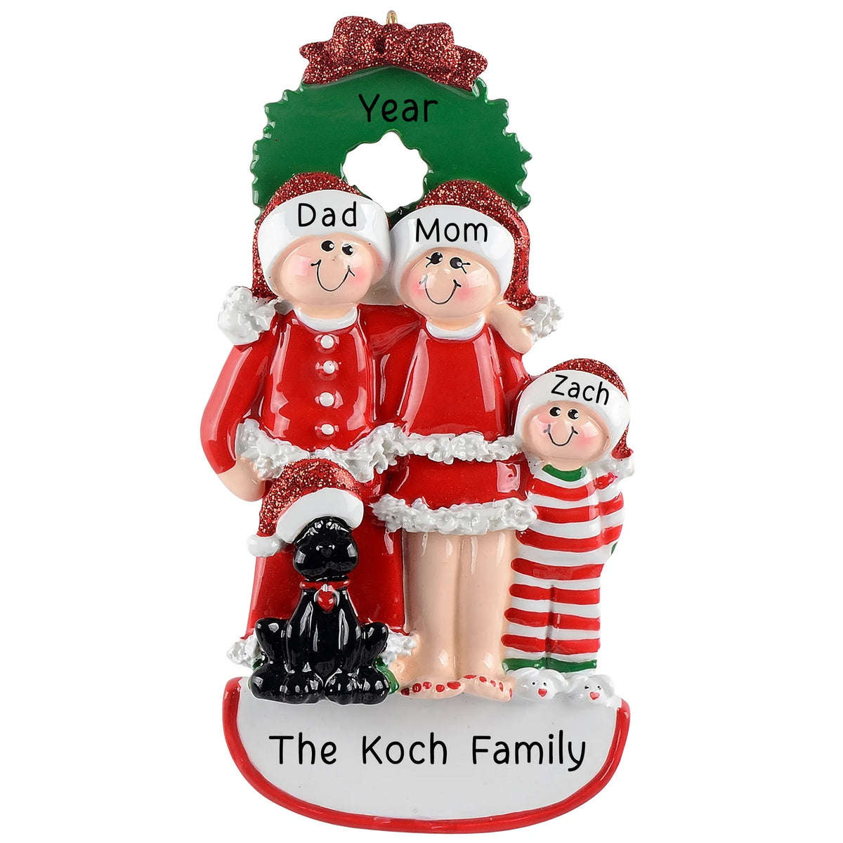 Personalized family of 3 with black dog christmas ornament with names