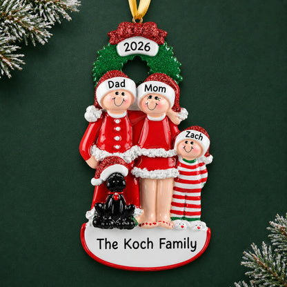 Personalized family of 3 with black dog Christmas ornament with names and 2026 year