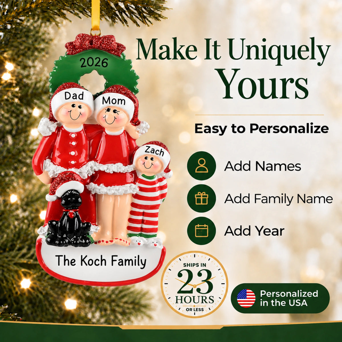 Family of 3 with black dog personalized Christmas ornament, easy to add names, family name and year