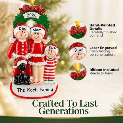 Hand-painted, laser-engraved family of 3 with black dog ornament crafted to last generations