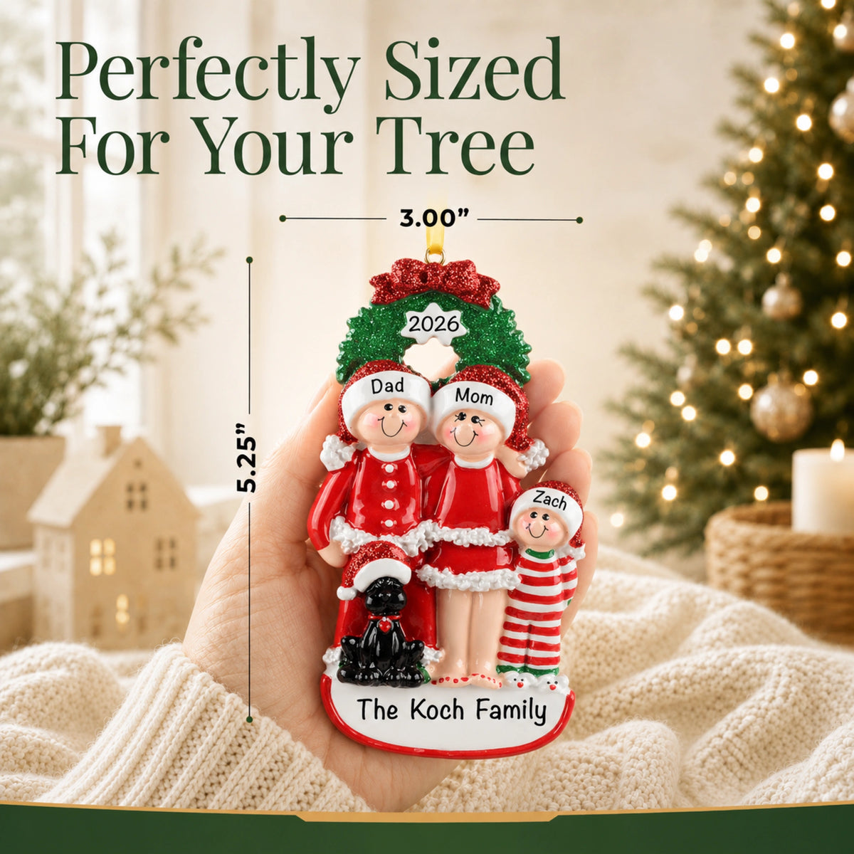 Hand holding family of 3 with black dog ornament, 5.25 by 3 inches, perfectly sized for your tree
