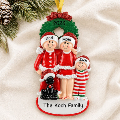 Personalized family of 3 with black dog Christmas ornament with names on a soft blanket