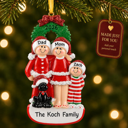 Personalized family of 3 with black dog ornament hanging on a tree with Made Just For You tag