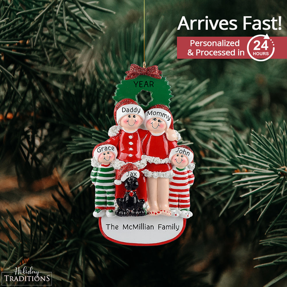 Family of 4 with Black Dog Christmas Ornament