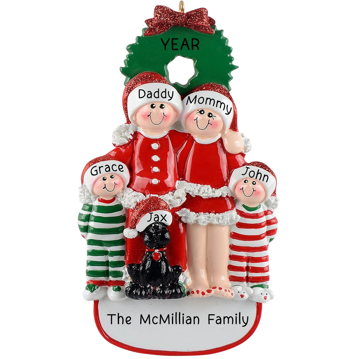 Personalized family of 4 with black dog christmas ornament with names