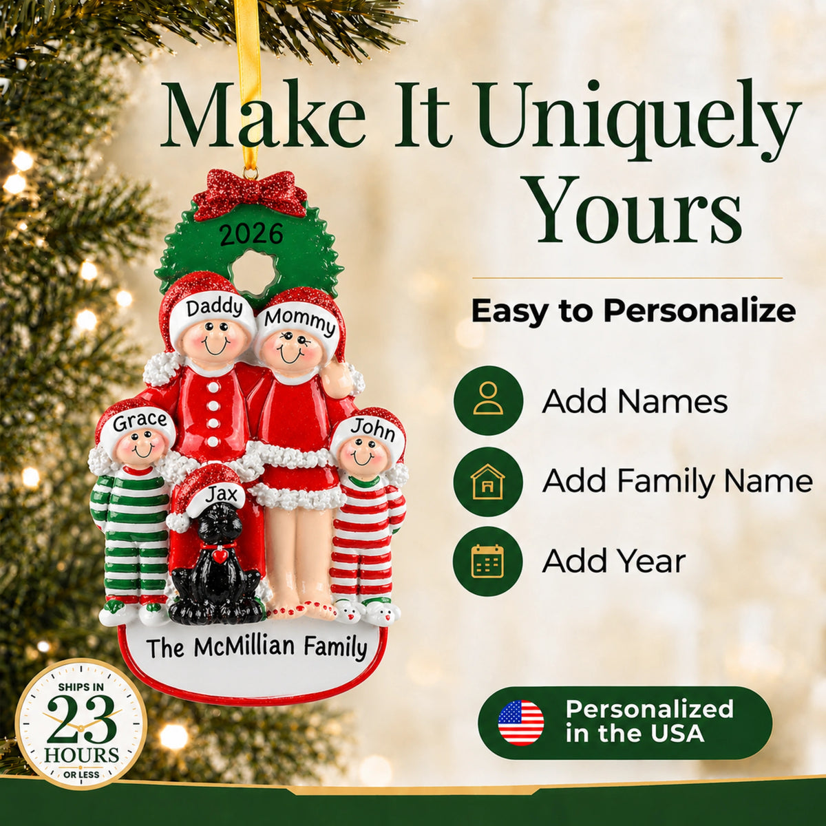 Make It Uniquely Yours: personalize the family of 4 with black dog ornament with names, family and year