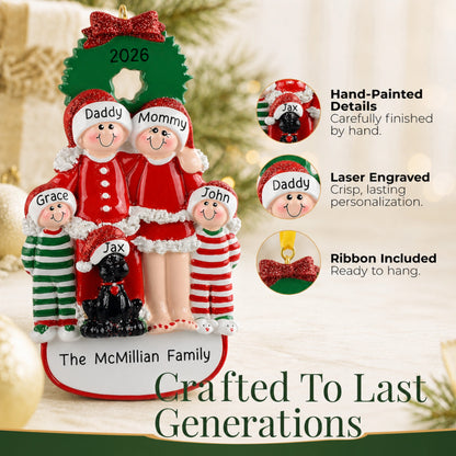 Crafted to last generations, hand-painted laser-engraved family of 4 with black dog ornament, ribbon