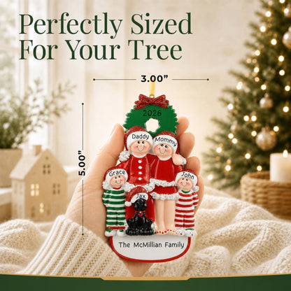 Perfectly sized at 3.00 by 5.00 inches, family of 4 with black dog personalized ornament held in hand