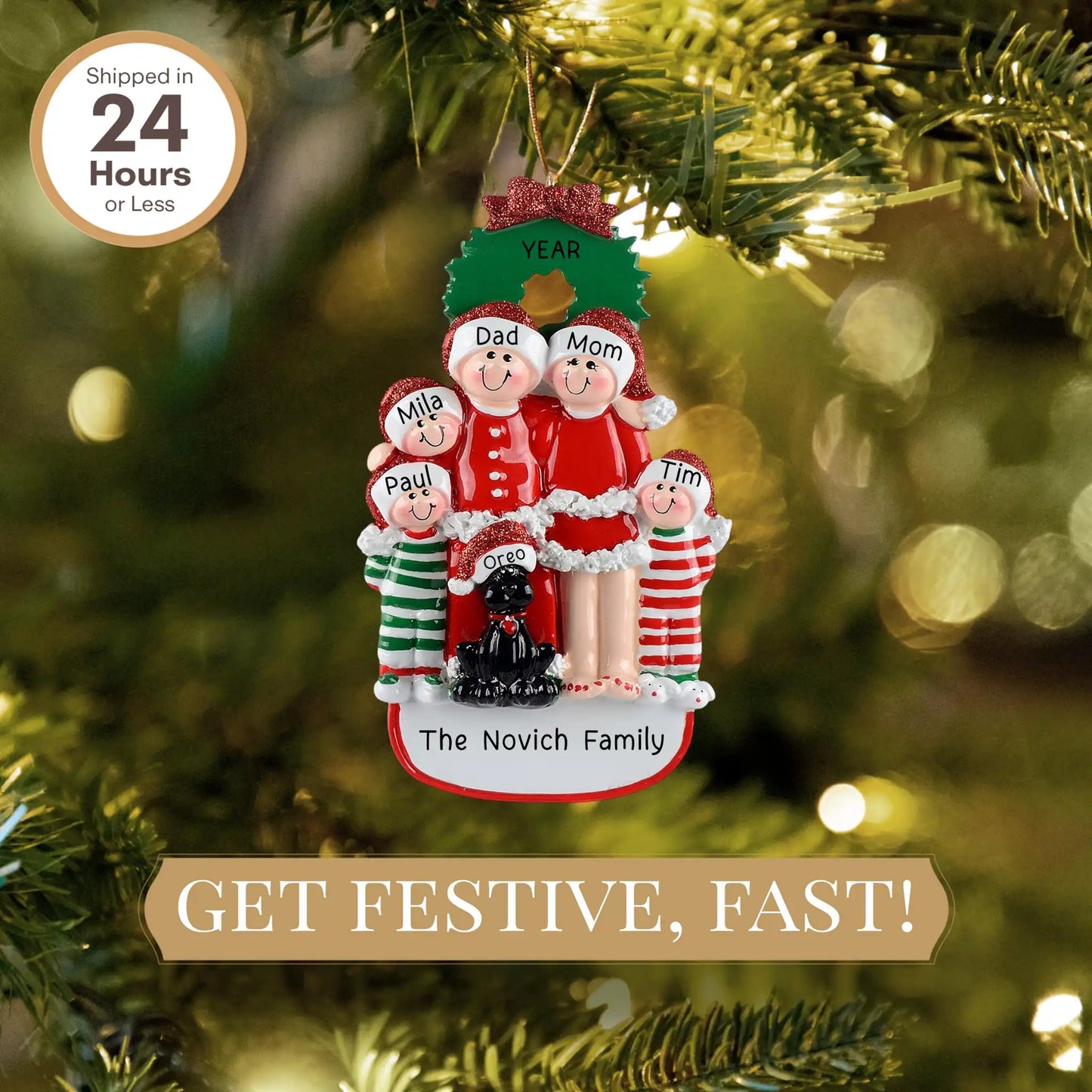 Adorno navideño de familia de 5 con perro negro 