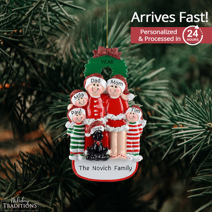 Family of 5 with Black Dog Christmas Ornament