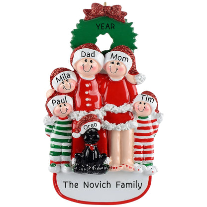 Personalized family of 5 with black dog christmas ornament with names