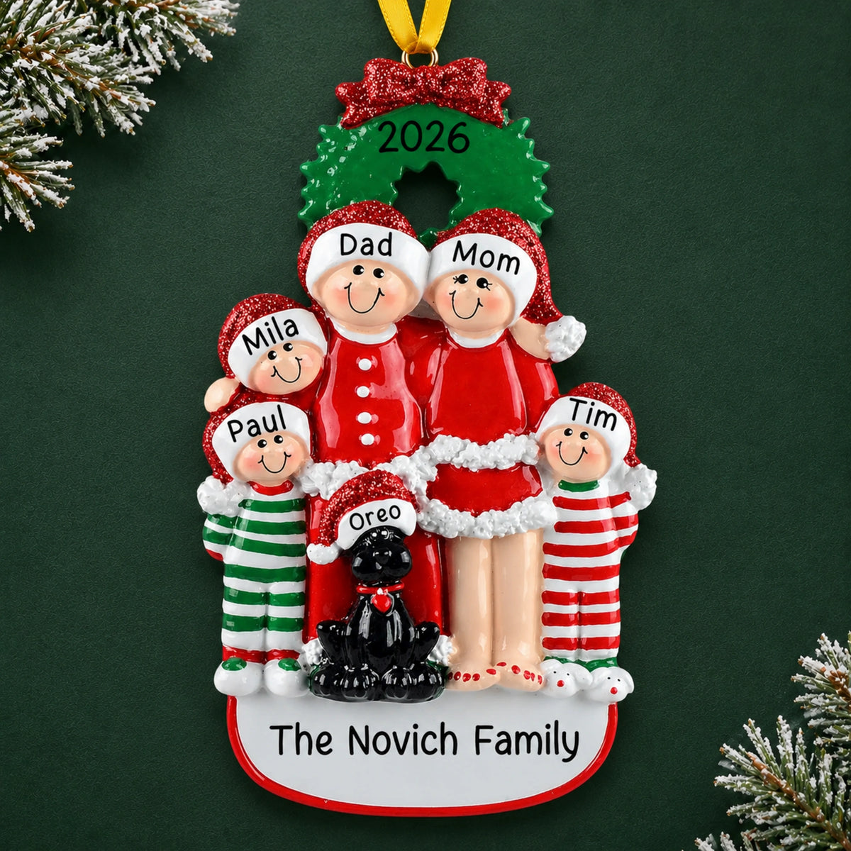 Personalized family of 5 with black dog christmas ornament, five named figures and dog under a wreath
