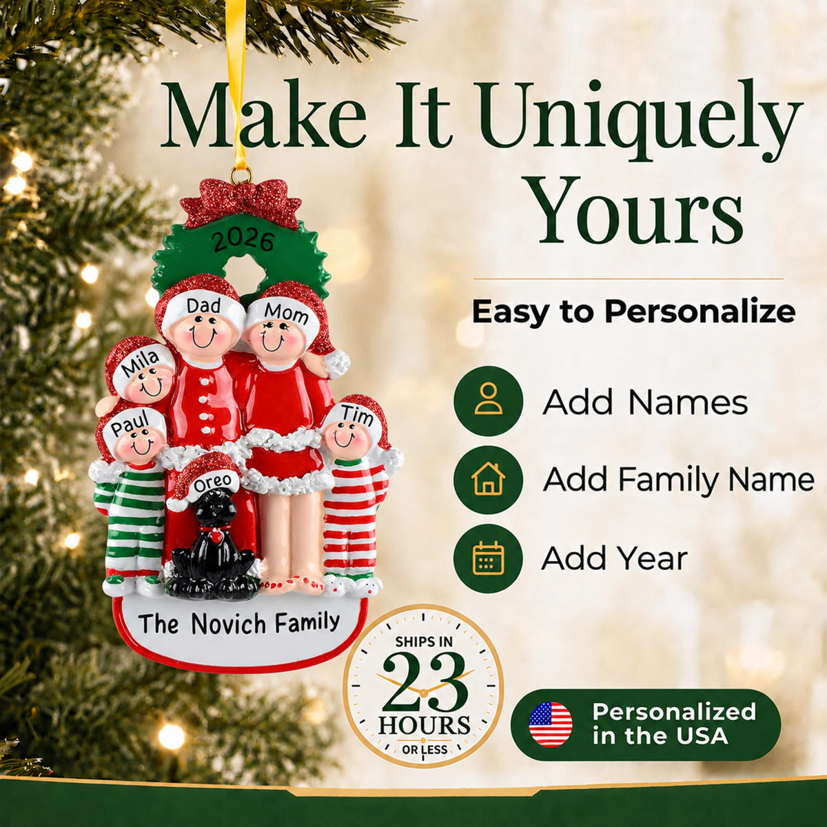Make It Uniquely Yours: personalize the family of 5 with black dog ornament with names, family and year