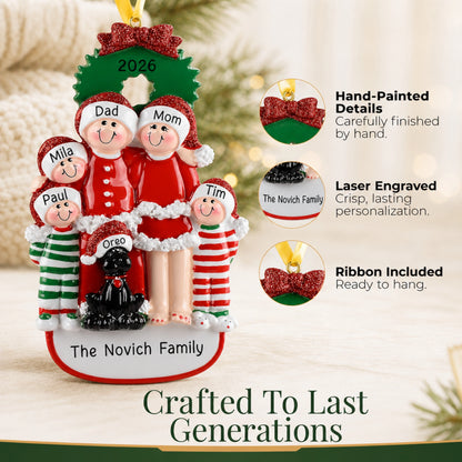 Crafted to last generations, hand-painted laser-engraved family of 5 with black dog ornament, ribbon