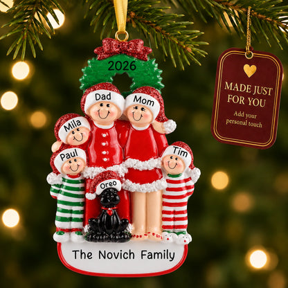 Personalized family of 5 with black dog christmas ornament on a tree with a Made Just For You gift tag