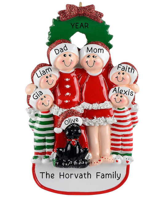 Family Of 6 With Black Dog Christmas Ornament