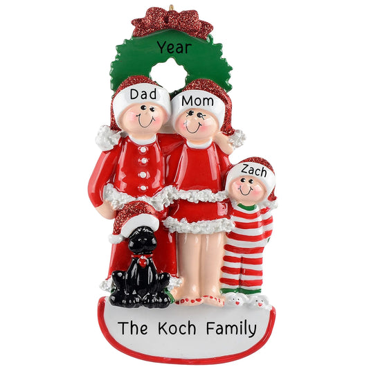 Personalized family of 3 with black dog Christmas ornament in matching pajamas with names and family name