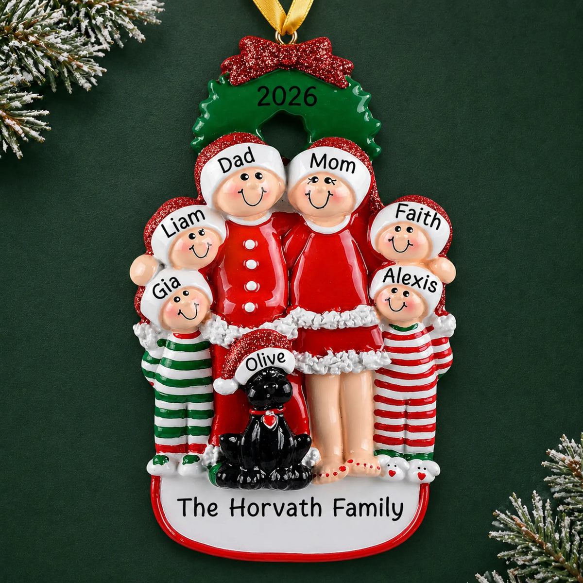 Personalized family of 6 with black dog christmas ornament on a dark green pine background