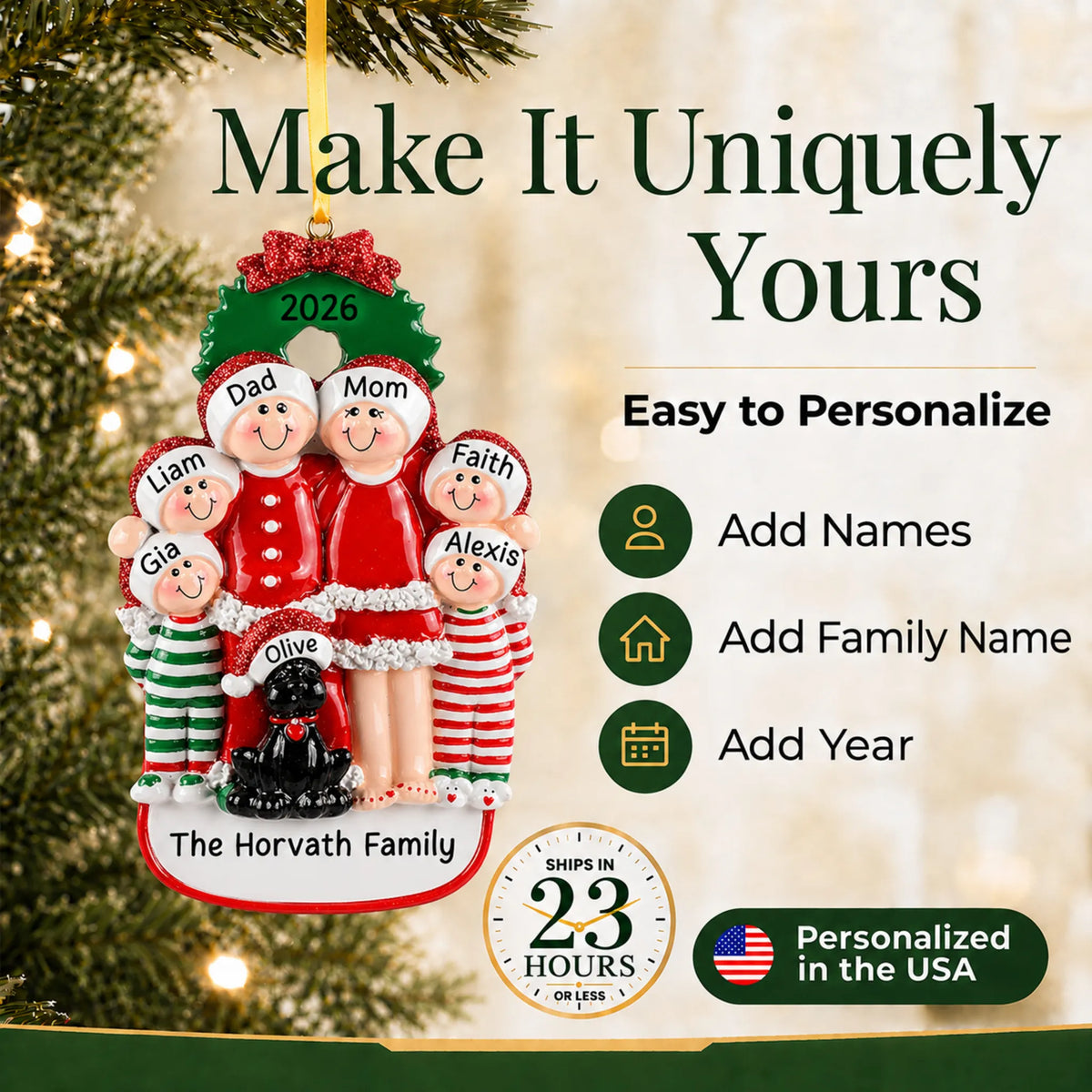 Make it yours: add names and year to the personalized family of 6 with black dog christmas ornament