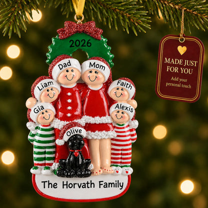 Family of 6 with black dog christmas ornament hanging on a lit Christmas tree with a Made Just For You gift tag