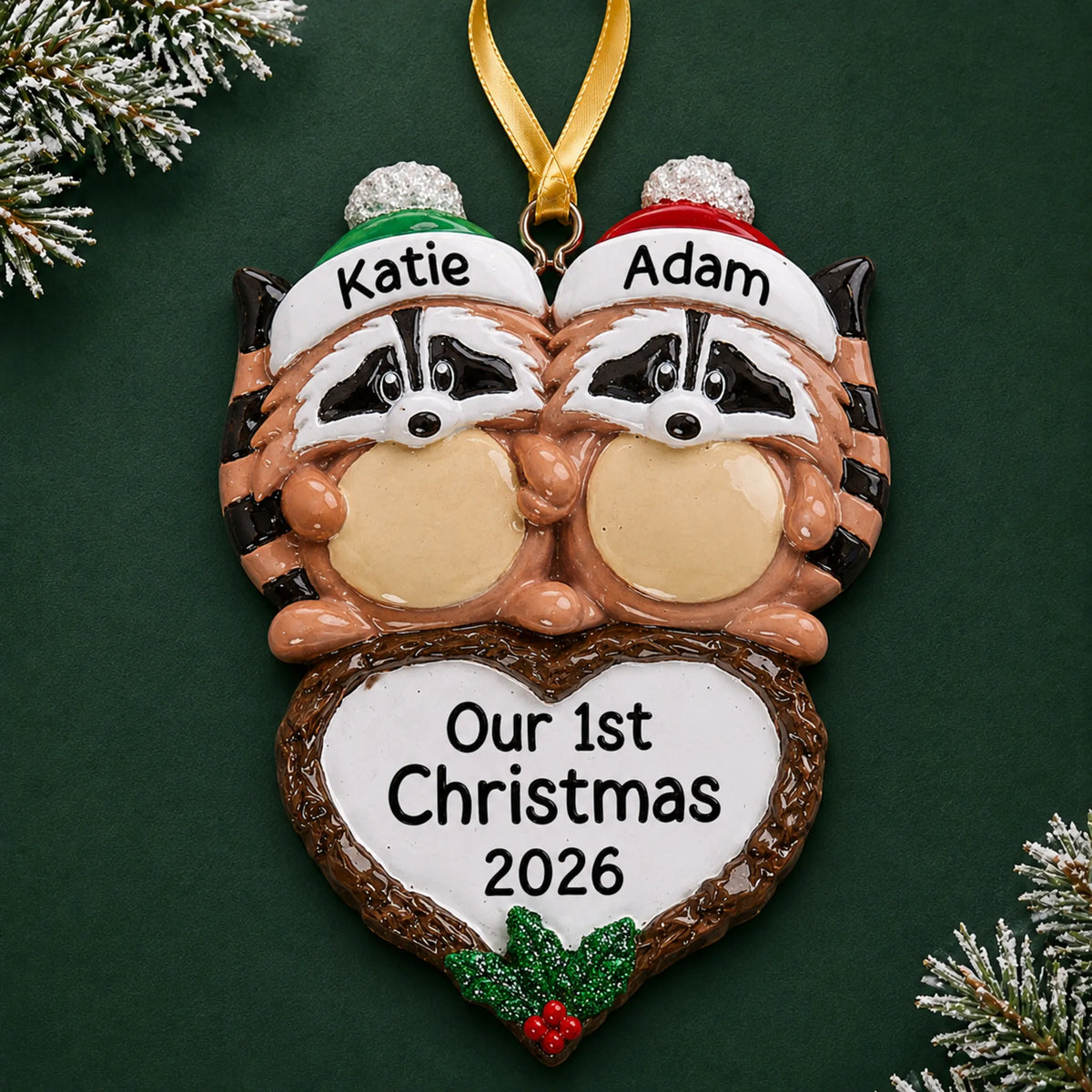 Personalized raccoon couple christmas ornament on a dark green pine background