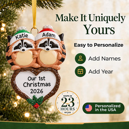 Make it yours: add names to the personalized raccoon couple christmas ornament