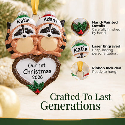Hand-painted details and laser engraved personalization on the raccoon couple christmas ornament, ribbon included