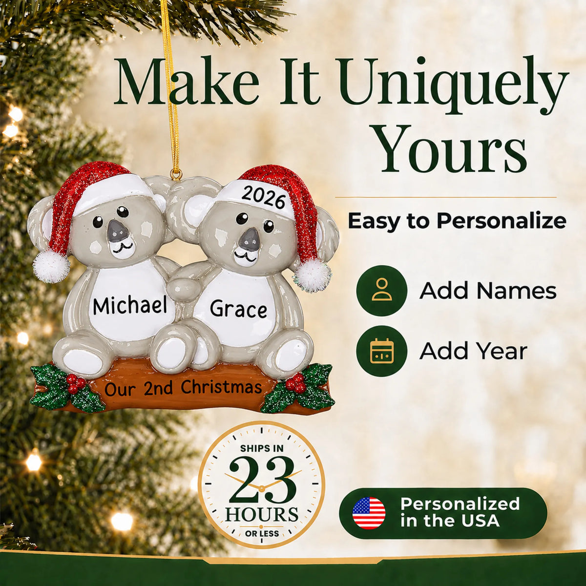 Make it yours: add names to the personalized koala couple christmas ornament