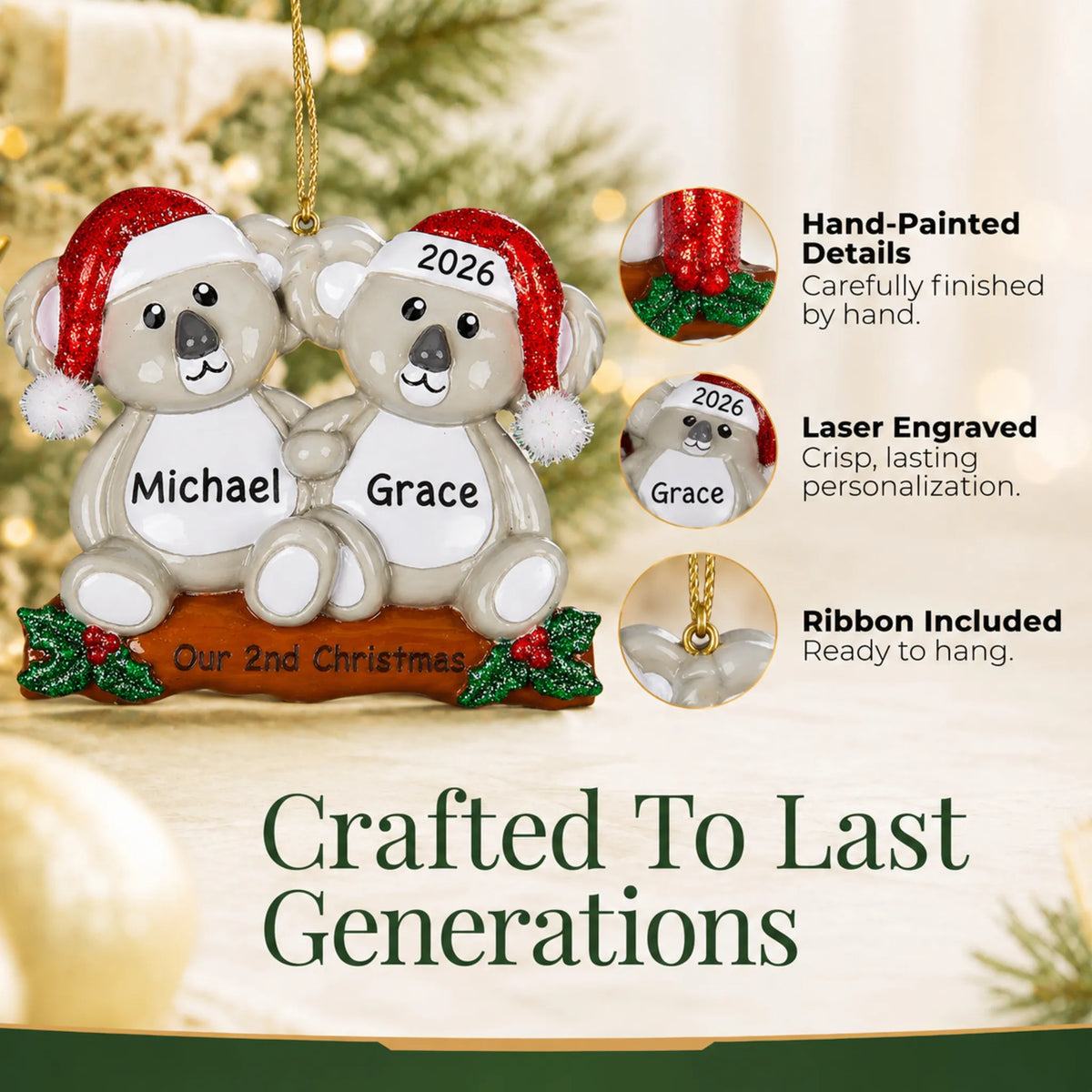 Hand-painted details and laser engraved personalization on the koala couple christmas ornament, ribbon included