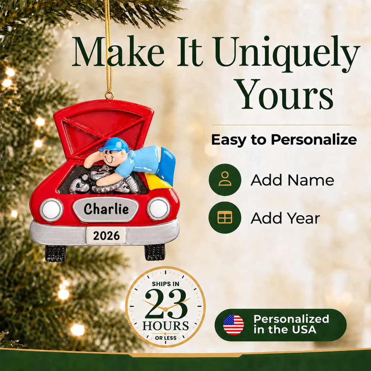 Make it yours: add name and year to the personalized mechanic christmas ornament