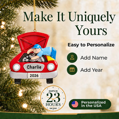 Make it yours: add name and year to the personalized mechanic christmas ornament