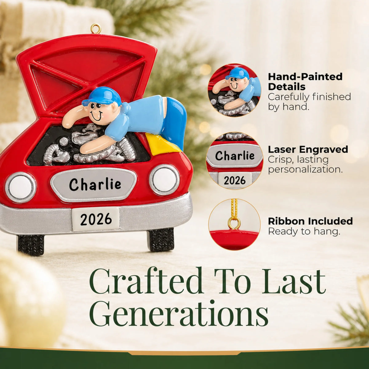 Hand-painted details and laser engraved personalization on the mechanic christmas ornament, ribbon included