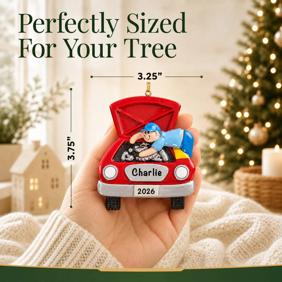 Size guide: the personalized mechanic christmas ornament is 3.25 in wide by 3.75 in tall, shown in hand