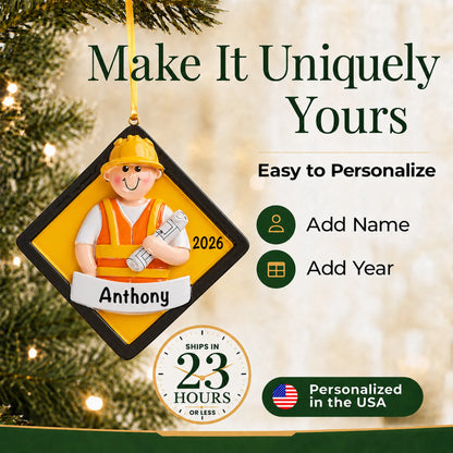 Make it yours: add name and year to the personalized construction worker christmas ornament