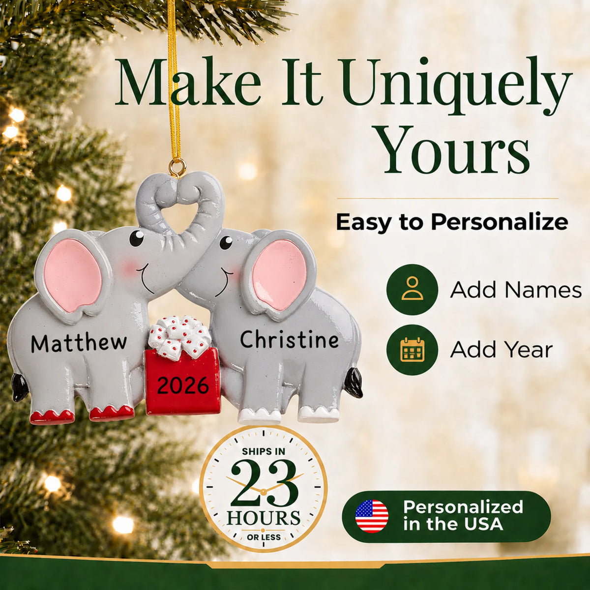 Make it yours: add names to the personalized elephant love couple christmas ornament