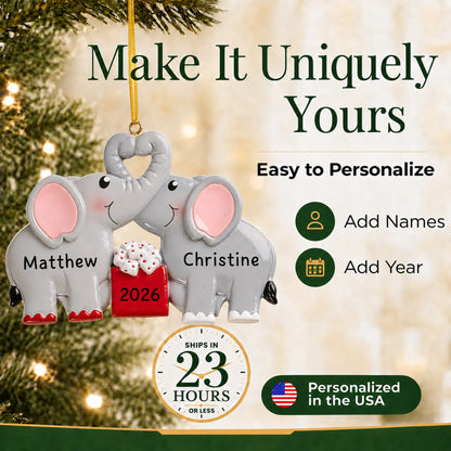Make it yours: add names to the personalized elephant love couple christmas ornament