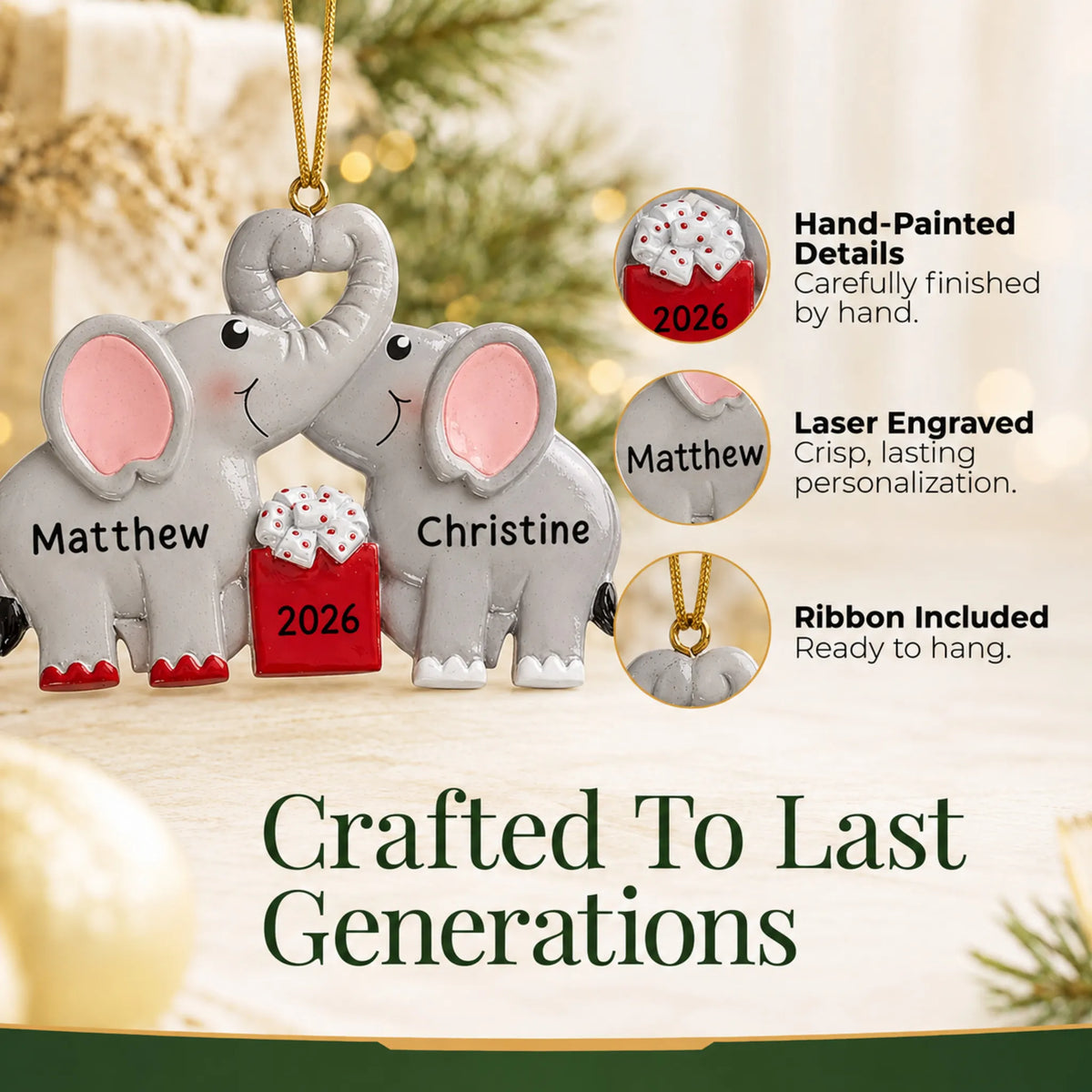 Hand-painted details and laser engraved personalization on the elephant love couple christmas ornament, ribbon included