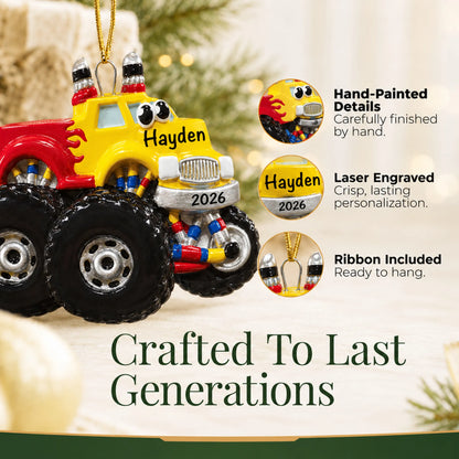 Hand-painted details and laser engraved personalization on the monster truck kids christmas ornament, ribbon included