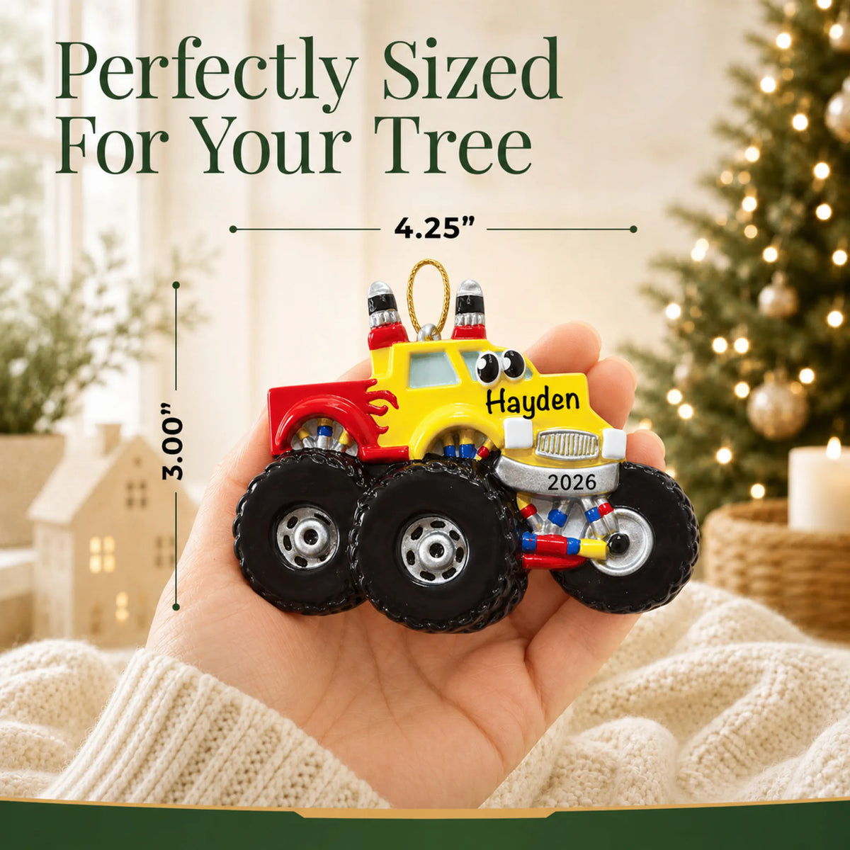 Size guide: the personalized monster truck kids christmas ornament shown in hand next to a Christmas tree