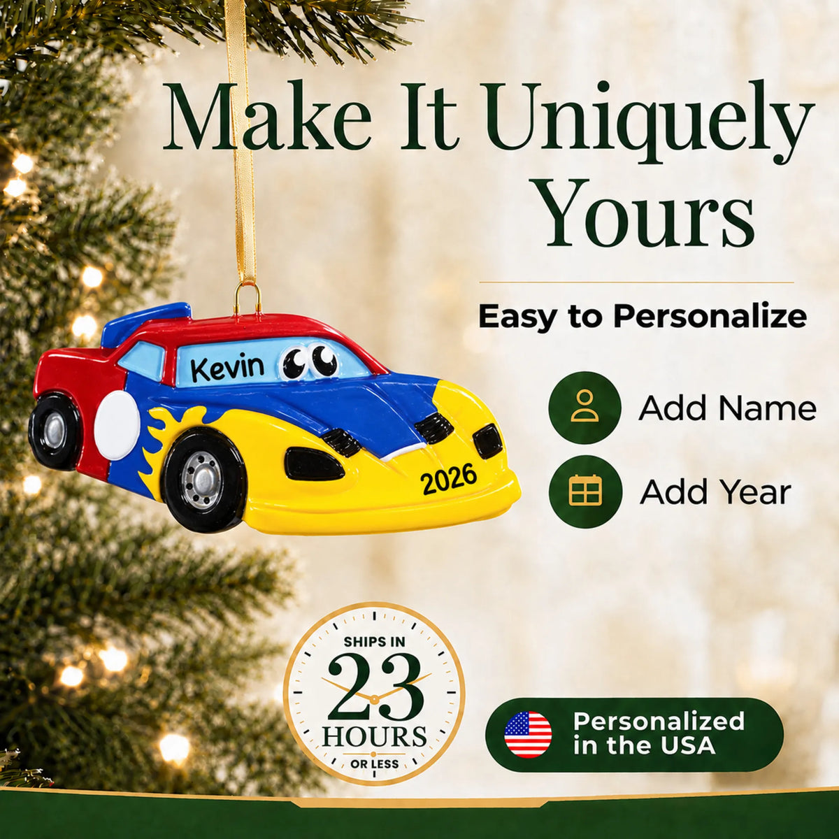 Make it yours: add name and year to the personalized race car christmas ornament