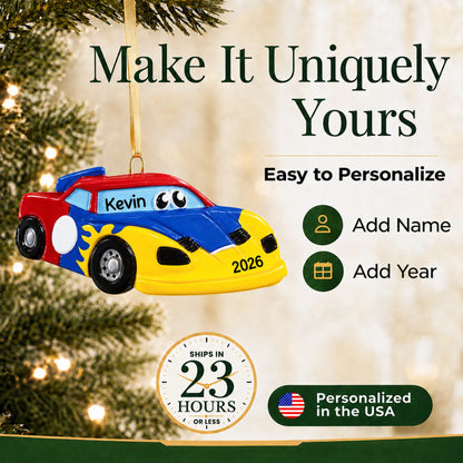 Make it yours: add name and year to the personalized race car christmas ornament