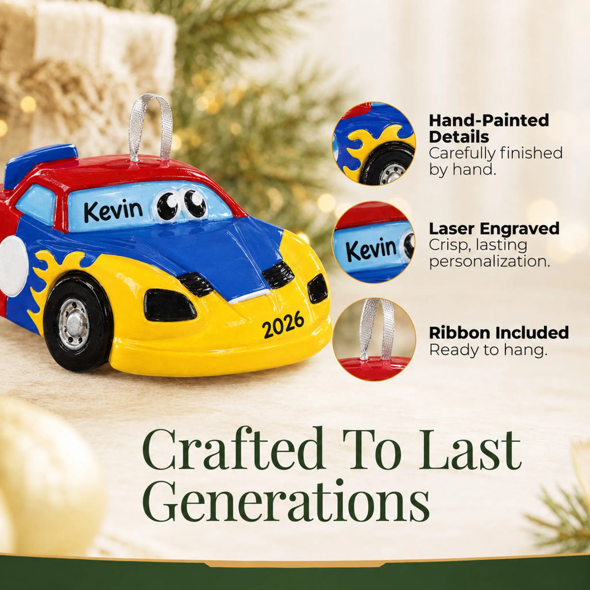 Hand-painted details and laser engraved personalization on the race car christmas ornament, ribbon included
