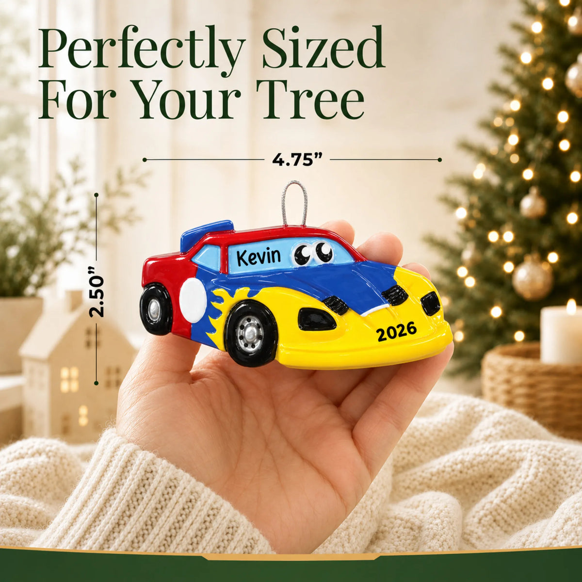 Size guide: the personalized race car christmas ornament shown in hand next to a Christmas tree