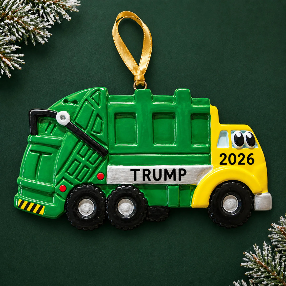 Personalized garbage truck kids christmas ornament on a dark green pine background