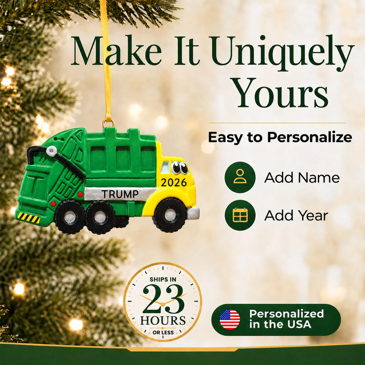 Make it yours: add name and year to the personalized garbage truck kids christmas ornament