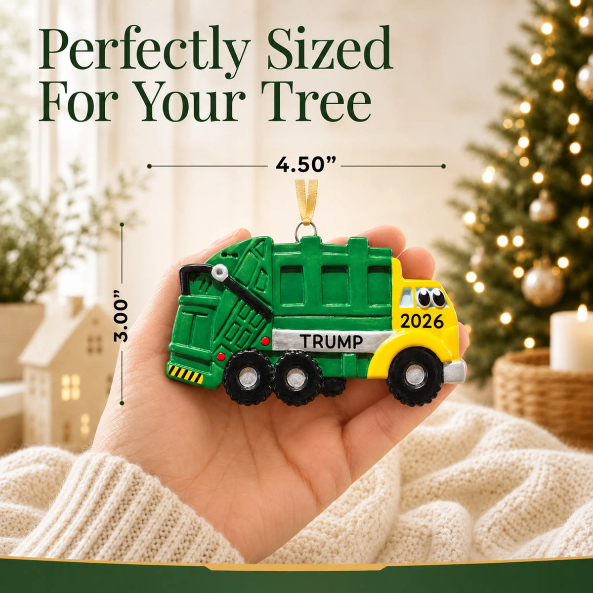 Size guide: the personalized garbage truck kids christmas ornament is 4.50 in wide by 3.00 in tall, shown in hand