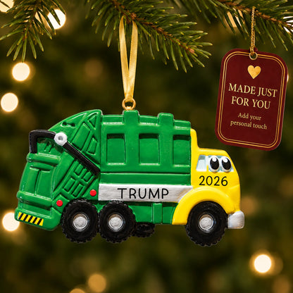 Garbage truck kids christmas ornament hanging on a lit Christmas tree with a Made Just For You gift tag
